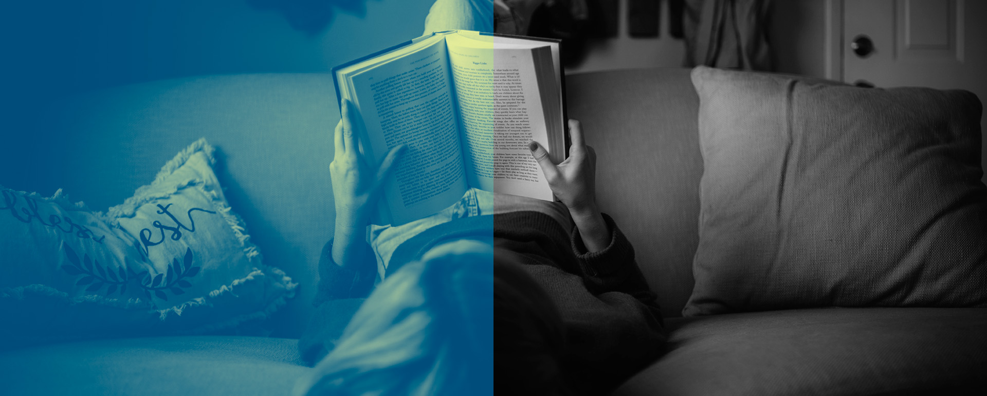 Nuorinainen makaa sohvalla jalat selkänojalla ja lukee kirjaa.