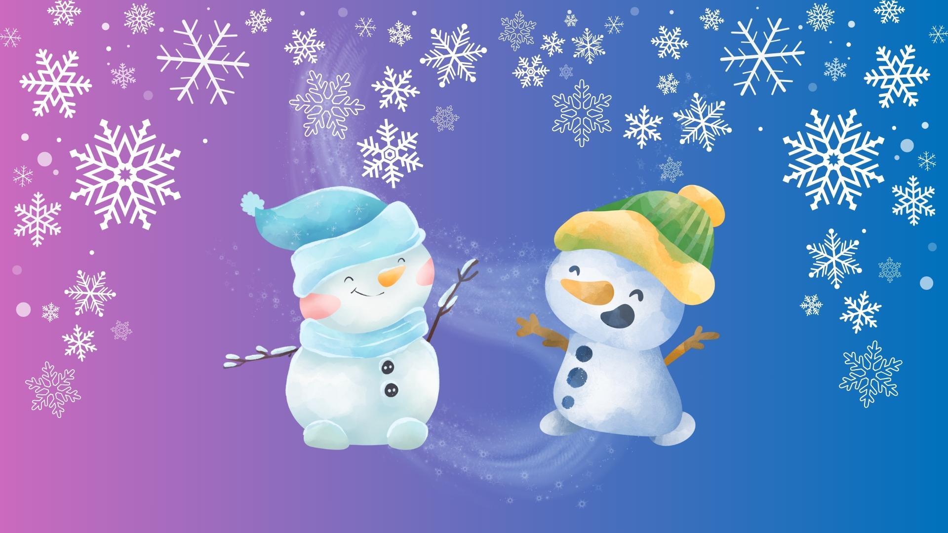 Kaksi lumiukkoa iloitsee lumisateessa. Toisella on punaiset posket ja sininen lakki ja huivi, toisella päässä on keltavihreä pipo.